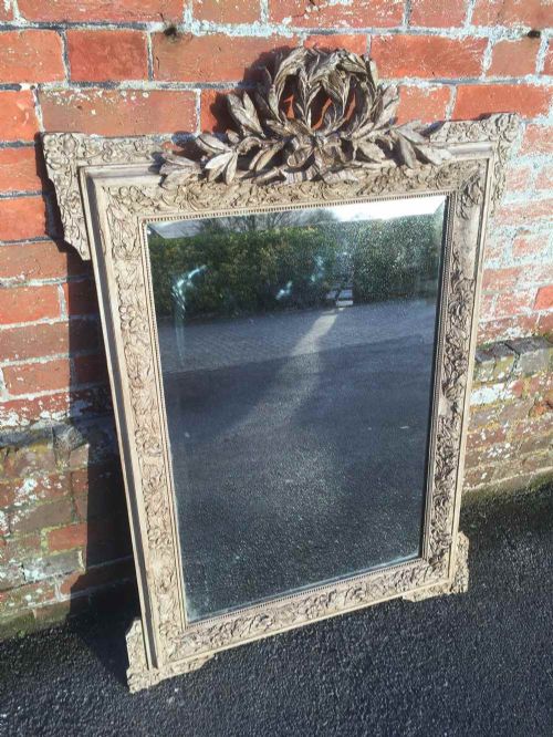 A Useful Size Antique 19th Century French Carved Wood and Gesso Grey Distressed Painted Mirror.