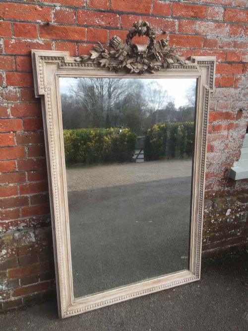 A Large Antique 19th Century French Grey Painted Carved Wood & Gesso Mirror.