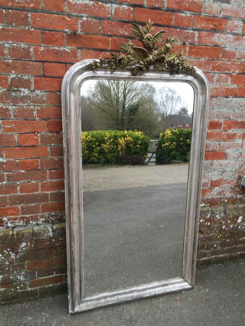 A Fabulous Large Antique 19th Century French Original Silvered Carved Wood & Gesso Distressed Arched Top Mirror.