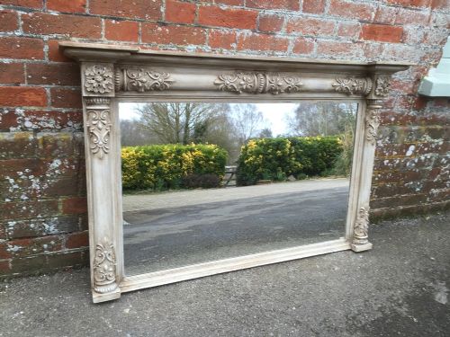 A Useful Antique 19th Century French Carved Wood and Gesso Painted Overmantel Mirror.