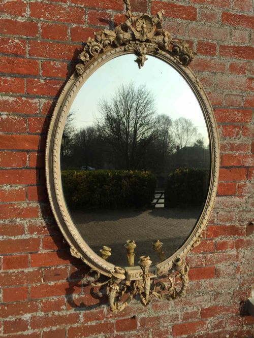 A Wonderful Large Antique 19th Century French Girondelle Painted  Distressed Oval Mirror.