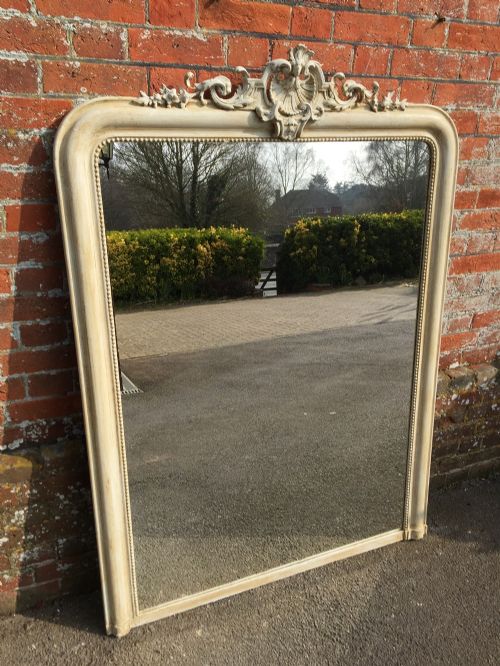 A Large Antique 19th Century French Carved Wood & Gesso Arched Top Painted Mirror.