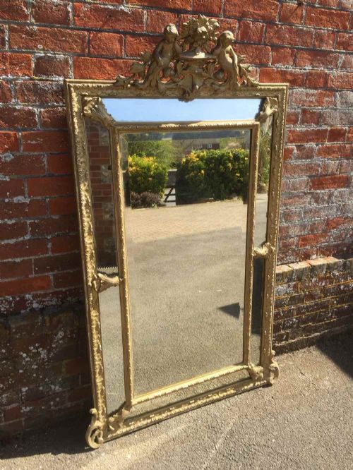 A Stunning Large Antique 19th Century French Original Carved Wood and Gesso Distressed Cushion Mirror.
