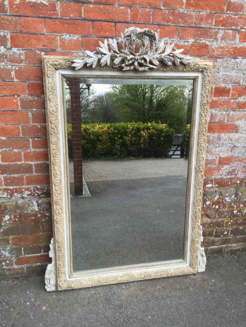 A Useful Size Large Antique 19th Century French Highly Decorative Carved Wood & Gesso Painted Mirror.