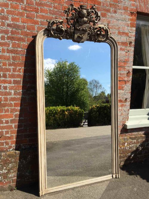A Spectactular Extra Large Arched Top Antique 19th Century French Carved Wood & Gesso Painted Mirror.