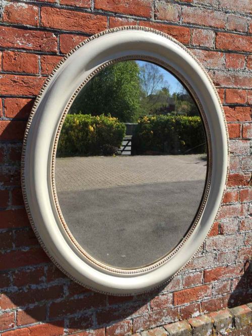 A Very Useful Antique 19th Century French Carved Wood & Gesso Painted Oval Mirror.