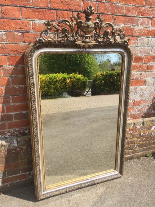 A Highly Unusual Large Antique 19th Century French Carved Wood & Gesso Original Silver & Gilt Mirror.