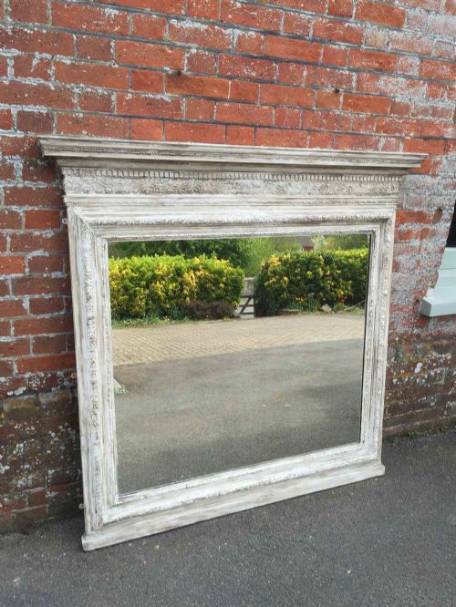 A Useful Large Antique 19th Century French Carved Wood White Painted Distressed Mirror.