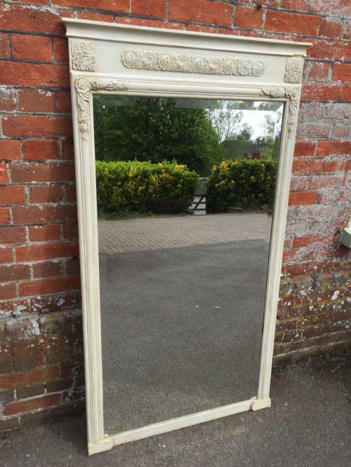 A Very Useful Large Antique 19th Century French Carved Wood Cream Painted Mirror.