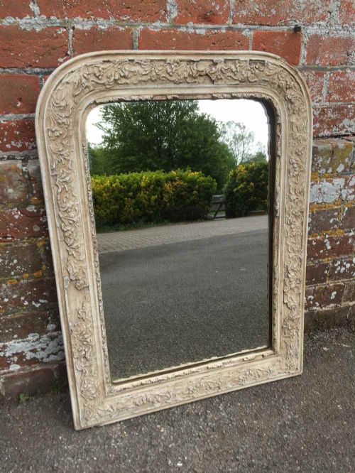 A Useful Size Antique 19th Century French Carved Wood and Gesso Distressed Painted Arched Top Mirror.