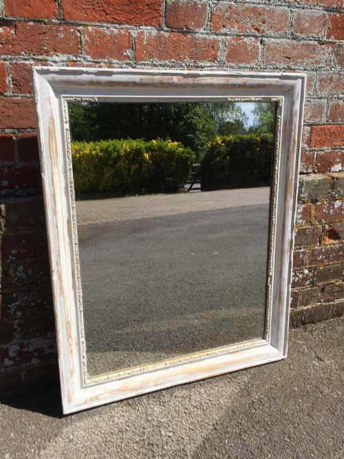 A Good Size Early Antique 19th Century French Carved Wood & Gesso Distressed White & Gilt Painted Mirror.