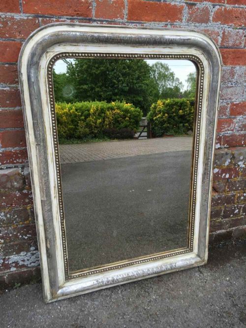 A Very Decorative Useful Size Antique 19th Century French Original Distressed Silvered & Cream Arched Top Mirror