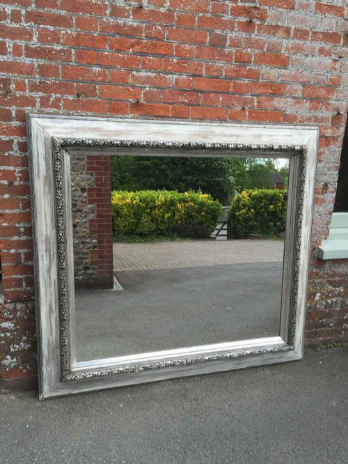 An Absolutely Stunning Highly Unusual Large Antique Decorative 19th Century French Carved Wood Silvered Painted Mirror.
