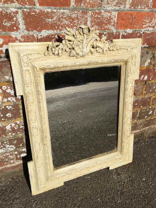 An Unusual Size Antique 19th Century French Carved Wood and Gesso Painted Mirror.