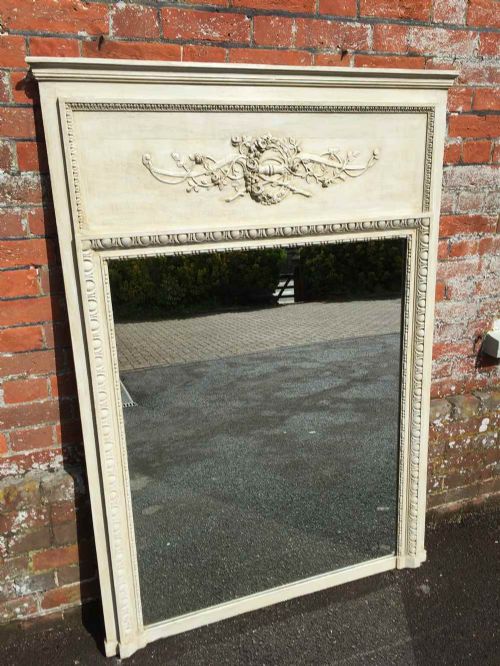 A Large Antique 19th Century French Carved Wood and Gesso Painted Mirror.