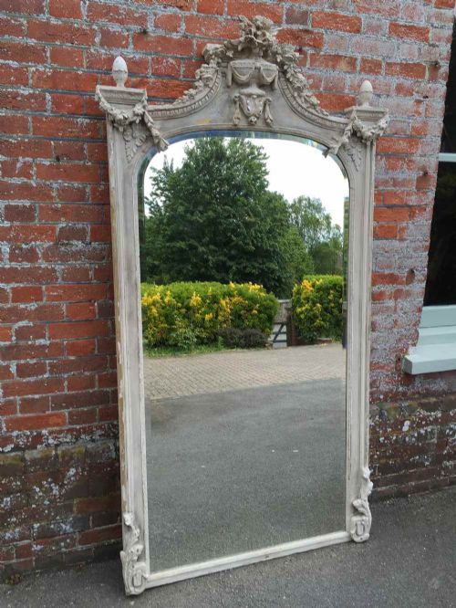 A Fabulous Large Antique 19th Century French Original Shaped Top Carved Wood and Gesso Painted Distressed Mirror.