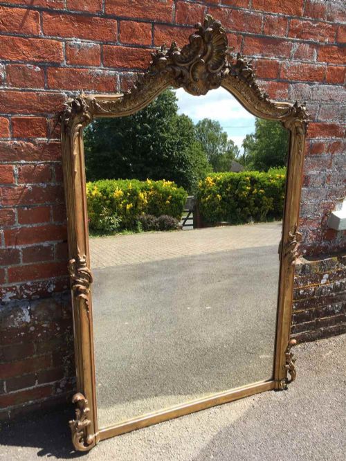 A Very Useful Size Large Antique 19th Century French Carved Wood and Gesso Original Gilt Shaped Top Mirror.