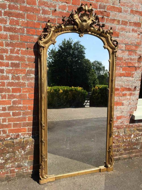 A Spectacular Shaped Top Large Antique 19th Century French Carved Wood & Gesso Original Gilt Mirror.
