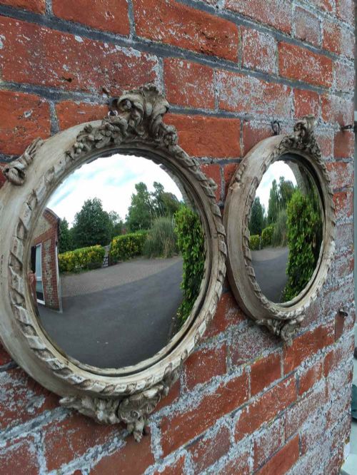 An Unusual Pair of Antique 19th Century French Carved Wood Painted Convex Mirrors.