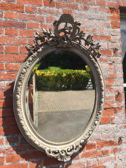 A Wonderful Antique 19th Century French Carved Wood & Gesso Painted and Slightly Distressed Oval Mirror,