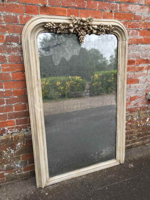 A Stunning Highly Unusual Large Early Antique 19th Century French Carved Wood and Gesso Painted Arched Top Mirror.