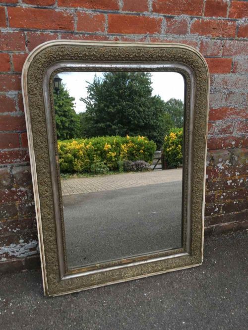 A Useful Size Antique 19th Century French Carved Wood & Gesso Original Gilt Cream & Silvered Arched Top Mirror.