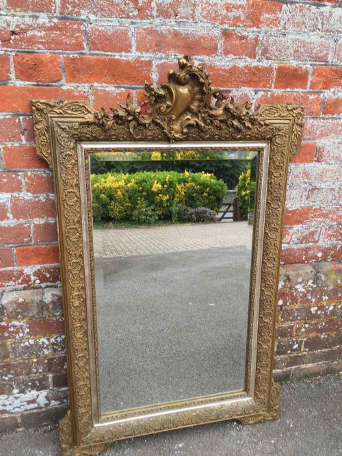 A Highly Useful Size Antique 19th Century French Original Carved Wood & Gesso Silver, Gilt Mirror.