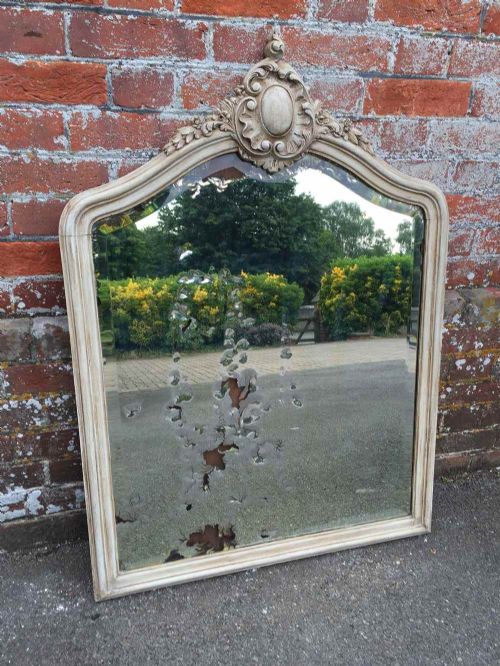 An Unusual Size Antique 19th Century French Carved Wood Painted Shaped Top Mirror.
