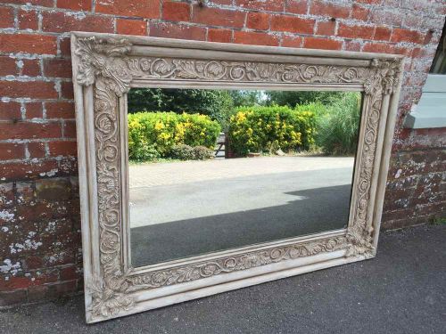 A Highly Decorative Distressed Unusual Large Antique 19th Century French Carved Wood Painted Mirror.