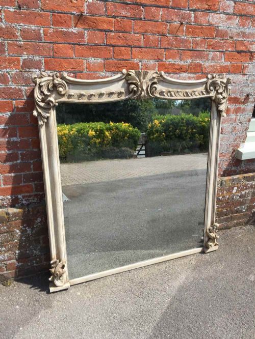 An Absolutely Stunning Large Antique 19th Century French Carved Wood Distressed Painted Overmantel Mirror.