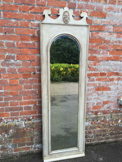 An Unusual Large Antique 19th Century French Carved Wood Painted Arched Pier Mirror.