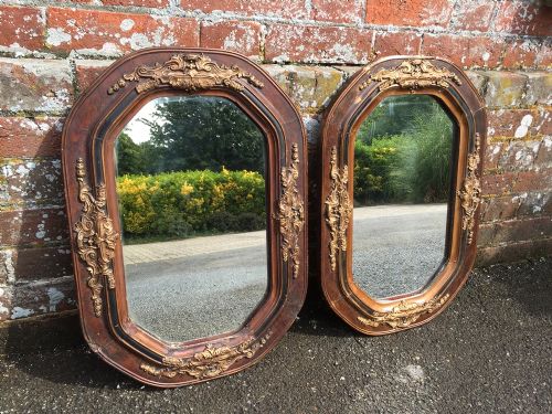 An Unusual Shaped Pair of Antique 19th Century French Carved Wood Mirrors.