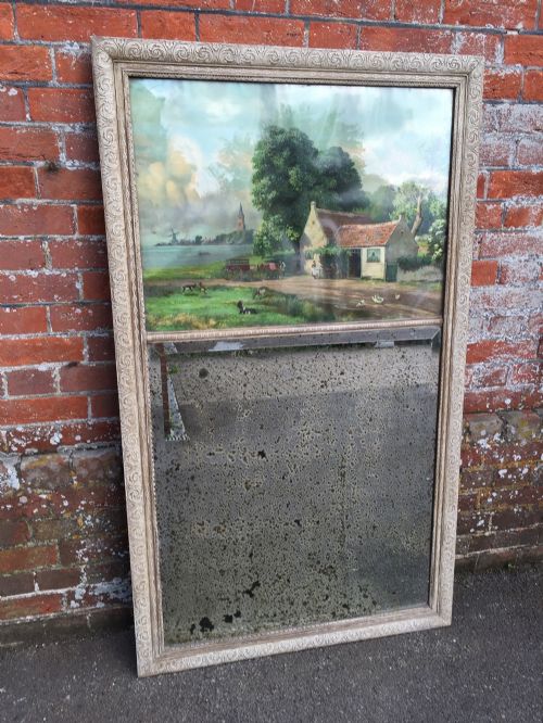 An Unusual Antique 19th Century French Carved Wood Painted Trumeau Mirror.
