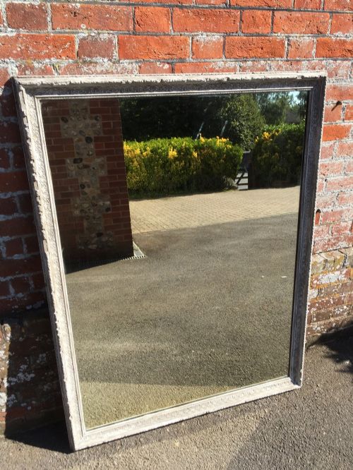 A Useful Antique 19th Century French Carved Wood and Gesso Painted Distressed Mirror.