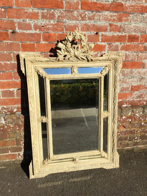 A Stunning Antique 19th Century French Carved Wood and Gesso Painted Cream Cushion Mirror.