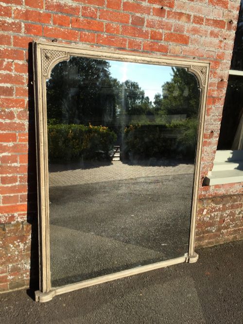 A Large Antique 19th Century French Carved Wood and Gesso Painted Overmantel Mirror.