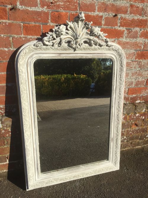A Very Useful Size Antique 19th Century French Carved Wood and Gesso Distressed Painted Mirror.