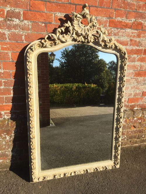 A Stunning Large Antique 19th Century French Carved Wood & Gesso Highly Decorative Shaped Top Painted Mirror.