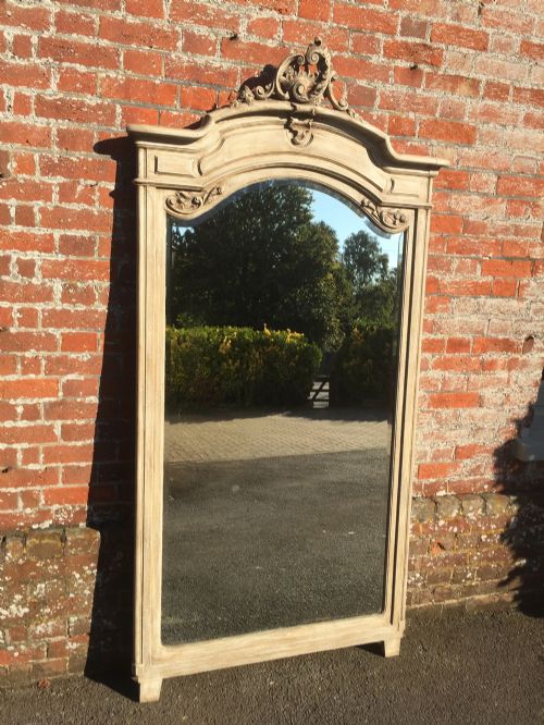 An Exceptional Large Shaped Top Antique 19th Century French Carved Wood Painted Mirror.
