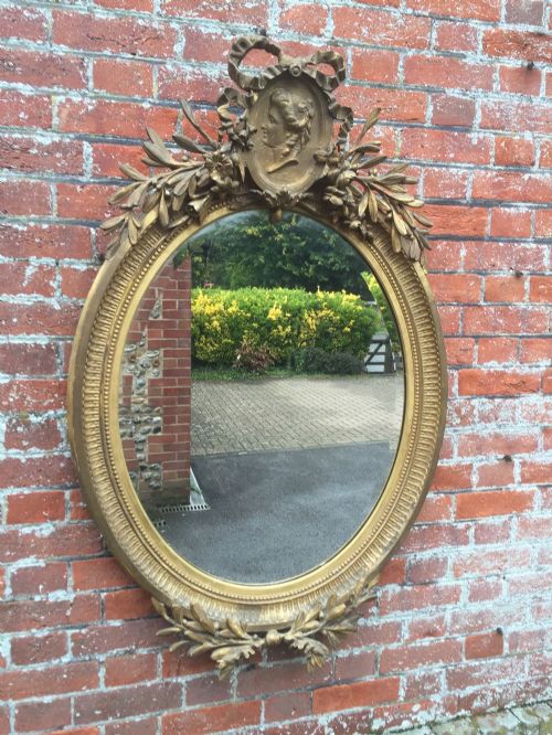 A Stunning Wonderful Size Antique 19th Century French Carved Wood and Gesso Original Gilt Oval Mirror.