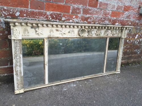 A Wonderful Early 19th Century English Highly Distressed Carved Wood Painted Overmantel Mirror.