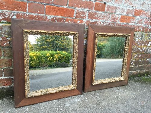 An Unusual Pair of Antique 19th Century French Oak & Gilt Distressed Framed Mirrors.
