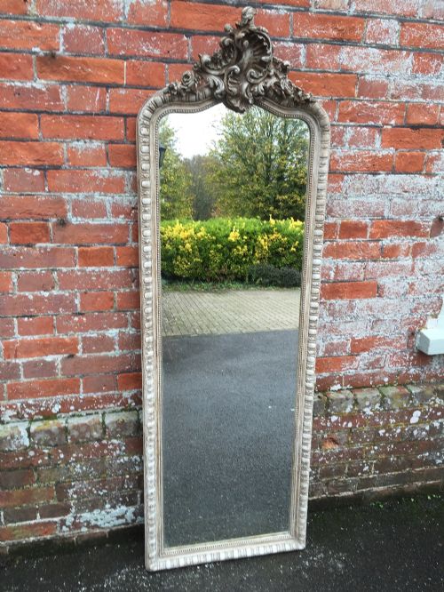 A Stunning Large Antique Shaped Top French Carved Wood & Gesso Painted Mirror.
