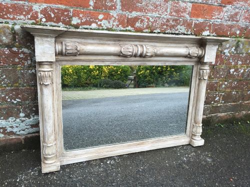 A Very Useful Size Antique 19th Century English Carved Wood Painted Overmantle Mirror.
