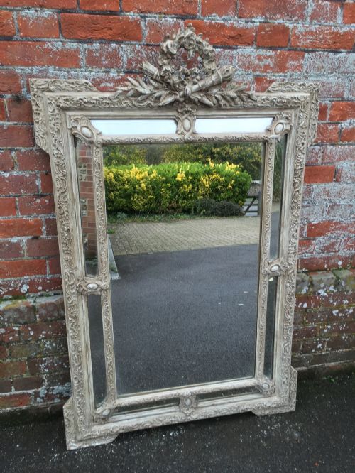 A Highly Decorative Large Antique 19th Century French Carved Wood and Gesso Painted Cushion Mirror.