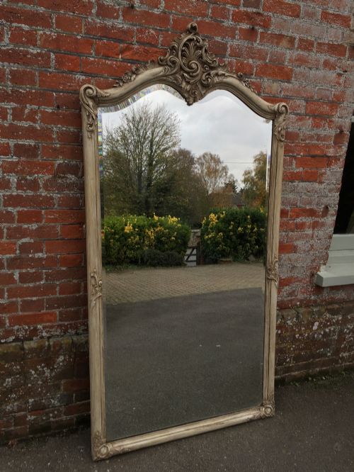 A Stunning Large Antique 19th Century French Carved Wood Painted Shaped Top Mirror.