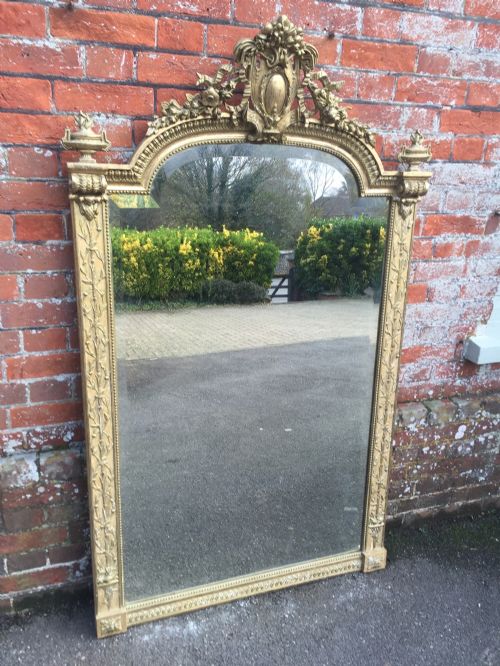 A Stunning Large Antique 19th Century French Carved Wood & Gesso Original Gilt Shaped Top Mirror.