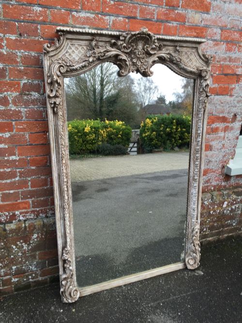 An Exceptional Large Antique Early 19th Century French Original Carved Wood and Gesso Painted Shaped Top Overmantel Mirror.