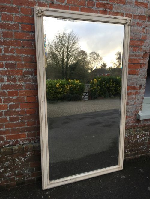 A Large Highly Decorative Antique 19th Century French Carved Wood Painted Distressed Mirror.