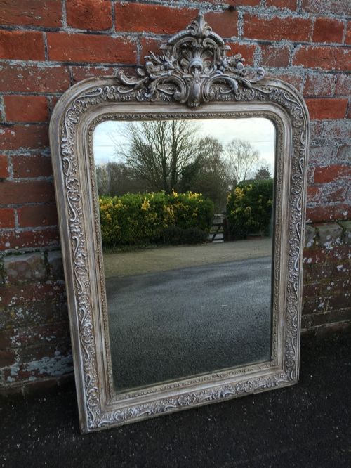 A Very Useful Size Antique 19th Century French Carved Wood and Gesso Painted Arched Top Mirror.